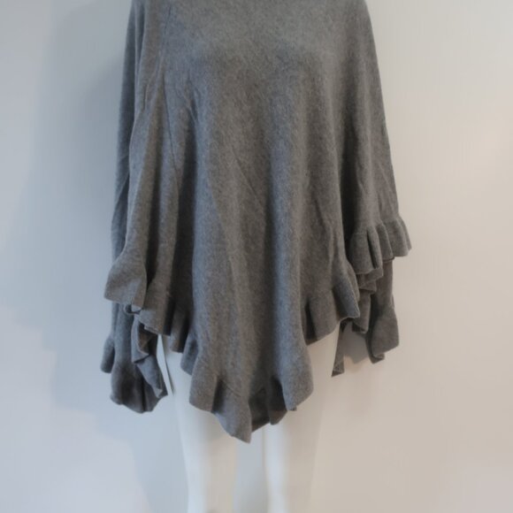 Womens Minnie Rose Grey Ruffled Trim Pure Cashmere Turtleneck Poncho Sweater O/S - Picture 2 of 11